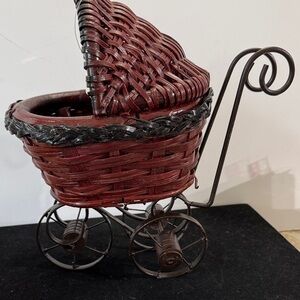 Vintage Wicker Baby Carriage Accent in Red and Black